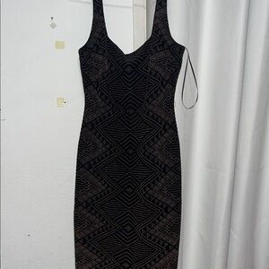 Nicole Miller Black and Gold Patterned Midi Dress